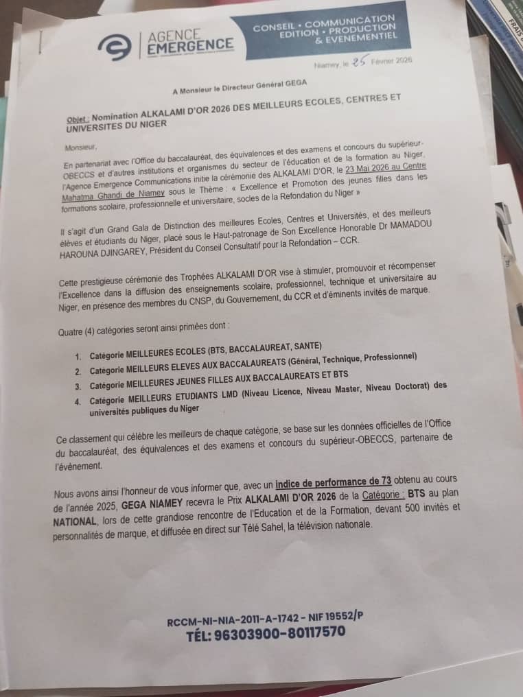 GEGA Business School distinguée au Prix ALKALAMI D’OR 2026